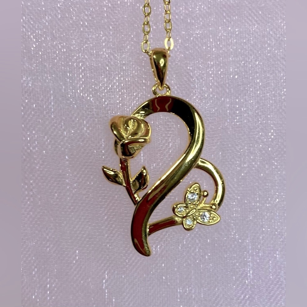 925 Sterling Silver Heart Rose Butterfly Pendant Necklace with Crystal Accents - Picture 5 of 15